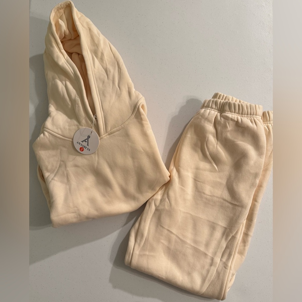 ANRABESS Fleece Lined 2 Piece Lounge Set Hoodie Joggers Cream Women’s Small NWT